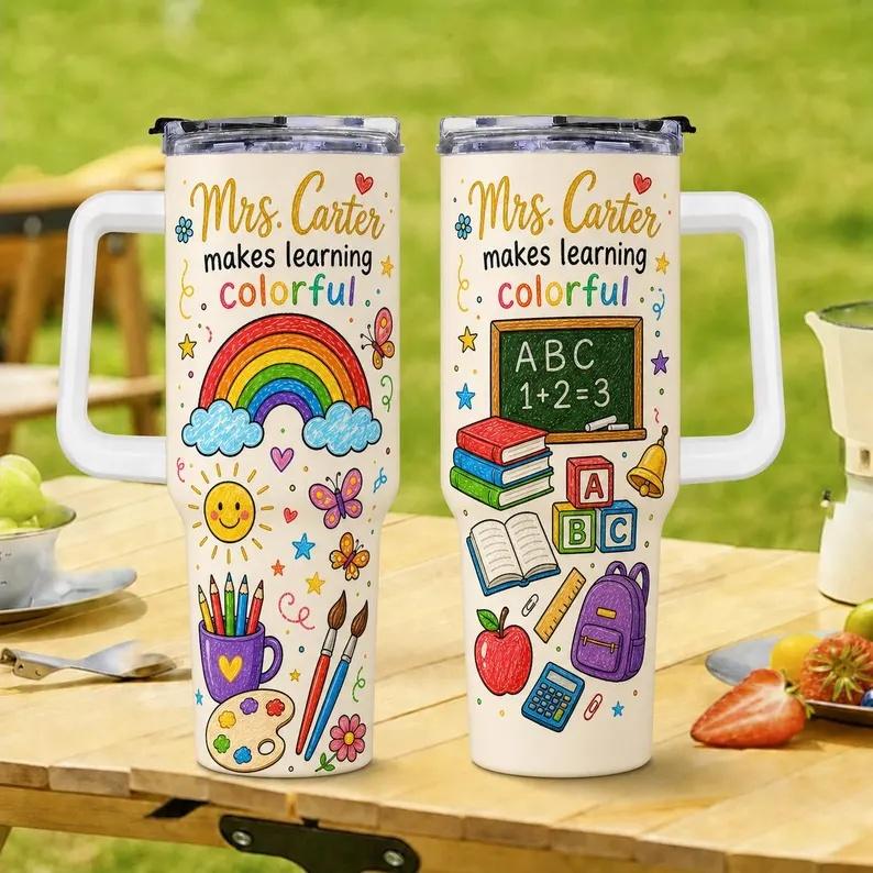 40oz Stainless Steel Insulated Flask with Handle, Straw, Lid and Rainbow Chalkboard Print - Aesthetic Coffee Drinkware, Teacher Appreciation Back to School Gift for Colorful Learning