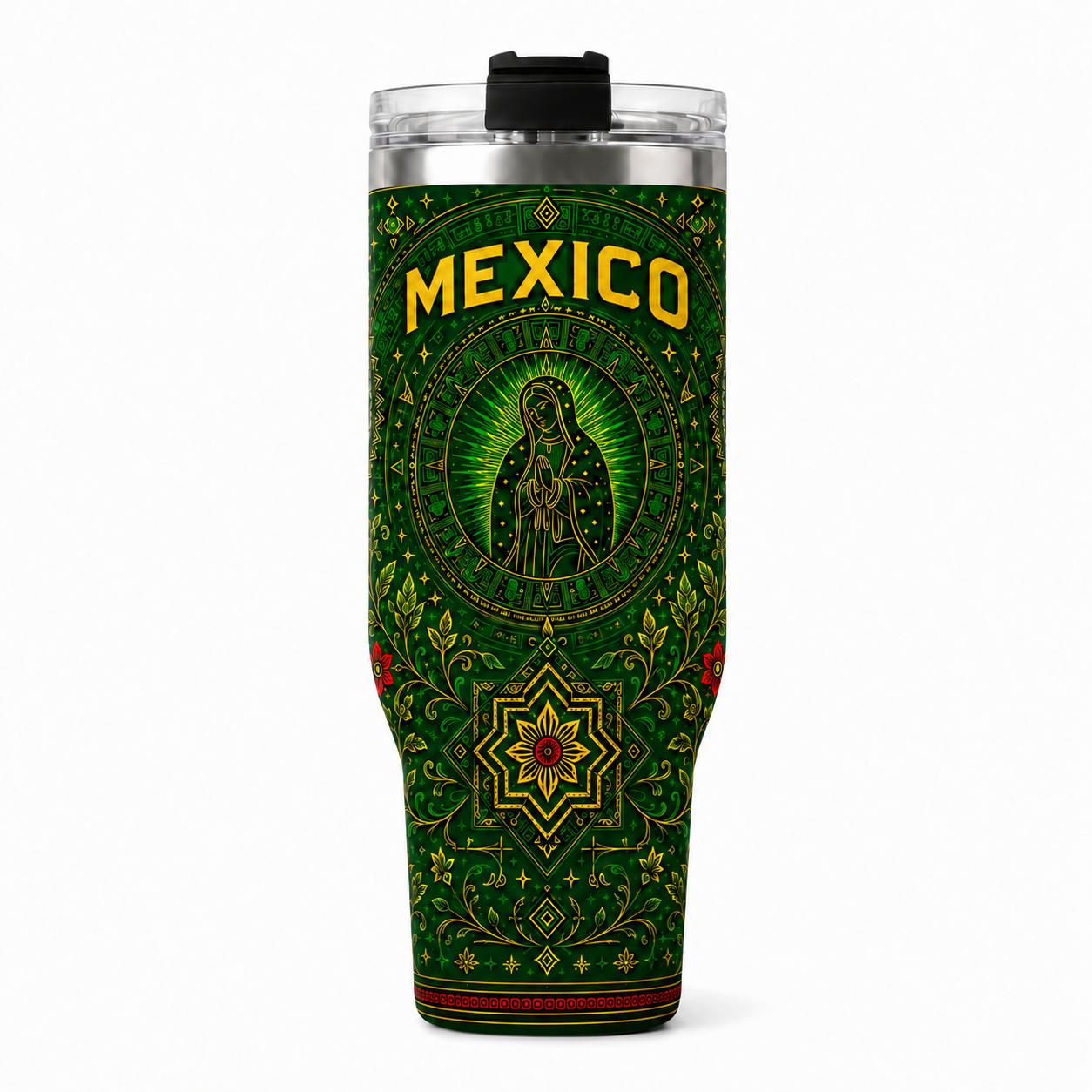 Mexico 40oz Stainless Steel Tumbler with Handle, Green Mexican Religious Art Insulated Travel Mug with Lid and Straw, Virgen Style Cultural Gift Cup for Cold Drinks
