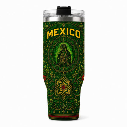 Mexico 40oz Stainless Steel Tumbler with Handle, Green Mexican Religious Art Insulated Travel Mug with Lid and Straw, Virgen Style Cultural Gift Cup for Cold Drinks