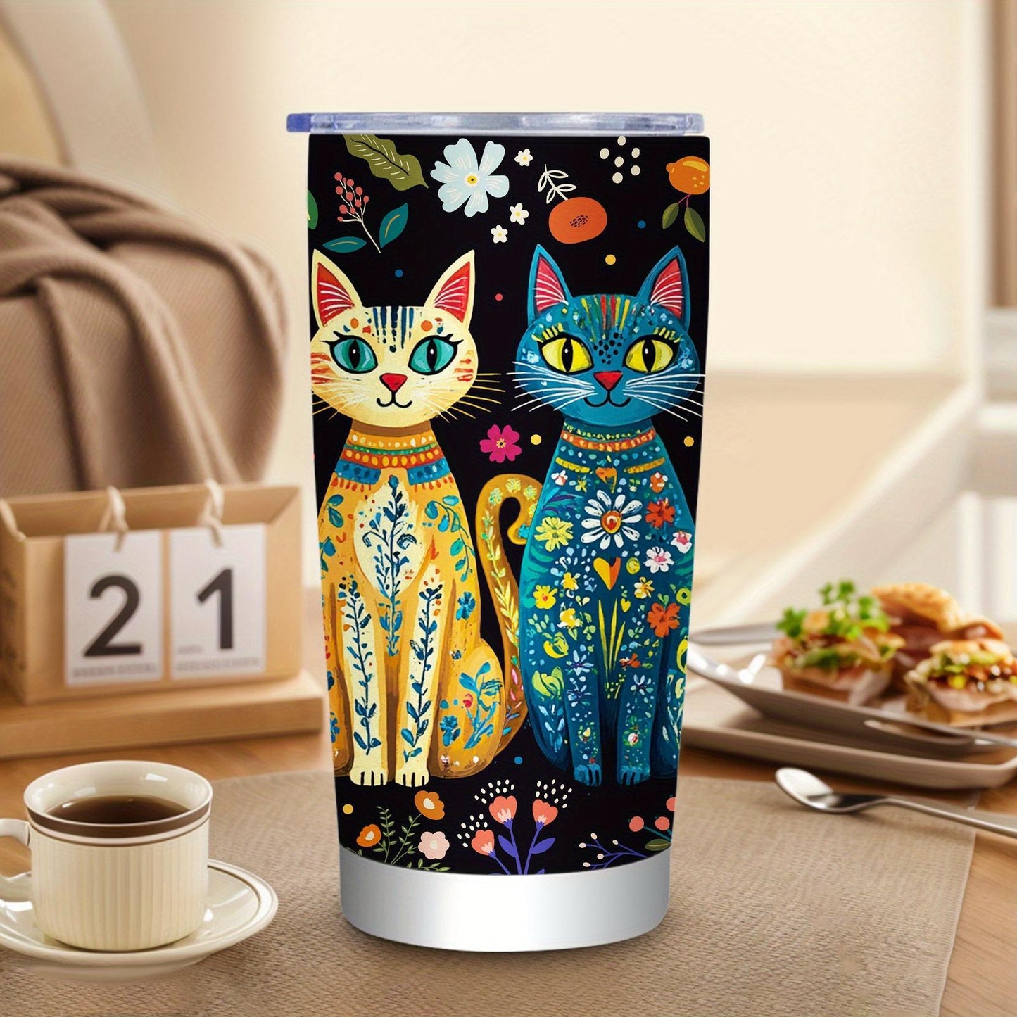 20oz Insulated Stainless Steel Folk Art Cat Tumbler Flask - Portable, Colorful Boho Floral Feline Coffee Mug with Lid, Artistic Birthday Gift for Cat Moms, Flasks