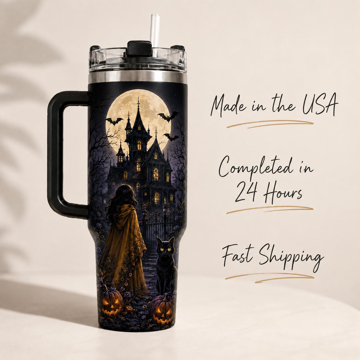 Haunted House Halloween 40oz Stainless Steel Insulated Tumbler with Handle and Straw, Black Cat Pumpkin Moon Bat Printed Travel Cup, Spooky Gift for Women