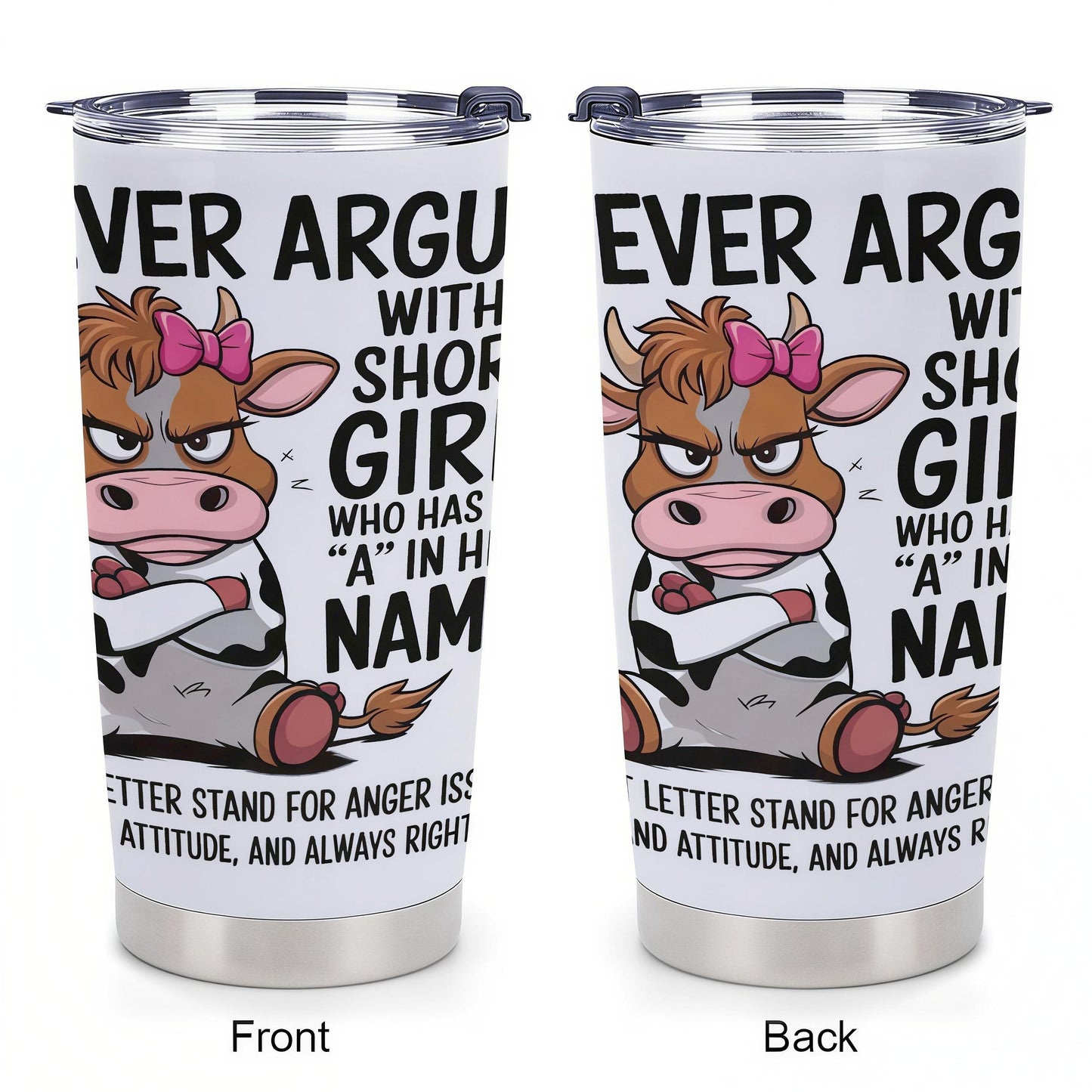 Women's 20oz Insulated Stainless Steel Cow Tumbler - Sarcastic "Short Girl with Attitude" Funny Design - Vacuum Flask Drinkware with Lid for Coffee, Flasks, Mug