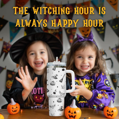Witches Brew Coffee 40oz Stainless Steel Insulated Tumbler with Handle and Straw, Vintage Cauldron Potion Broom Pumpkin Bat Printed Travel Cup, Halloween Gift