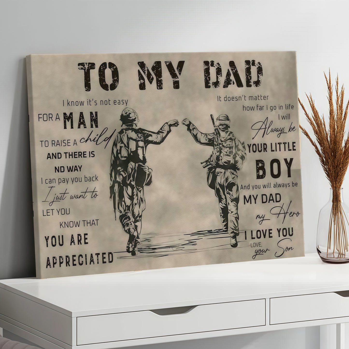 To My Dad From Son - Sentimental Canvas Wall Art with Touching Poem - Vintage Style Gift for Father's Day & Birthday (Ready to Hang)