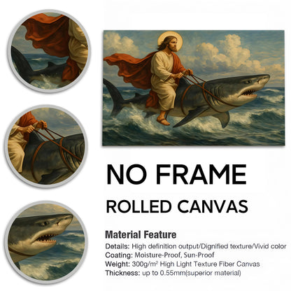 Epic Jesus Riding T-Rex & Shark Canvas Wall Art - Funny Parody Oil Painting Style Print (Ready to Hang)