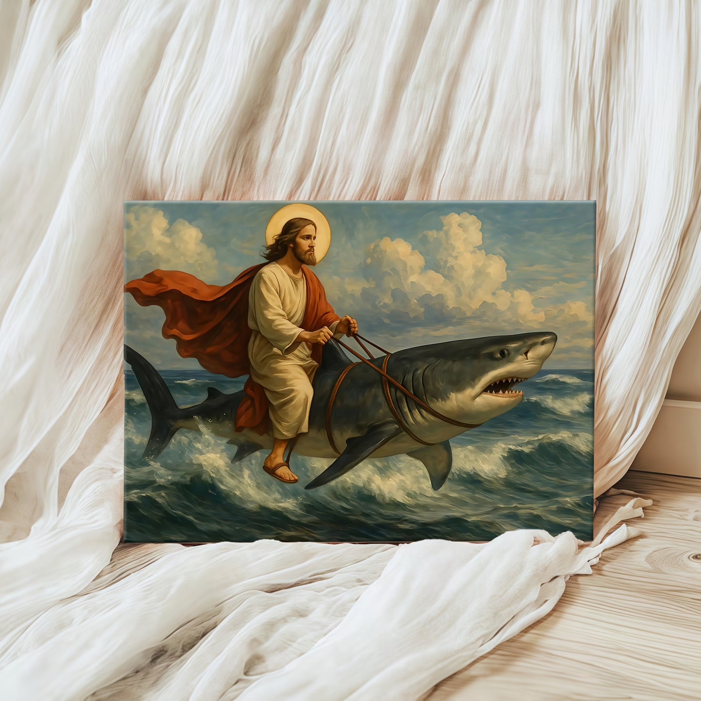 Epic Jesus Riding T-Rex & Shark Canvas Wall Art - Funny Parody Oil Painting Style Print (Ready to Hang)