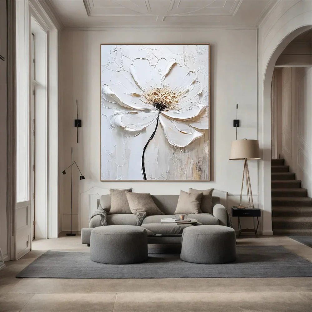 3D Heavy Texture White Floral Oil Painting CZ0087 - Viral Wall Art