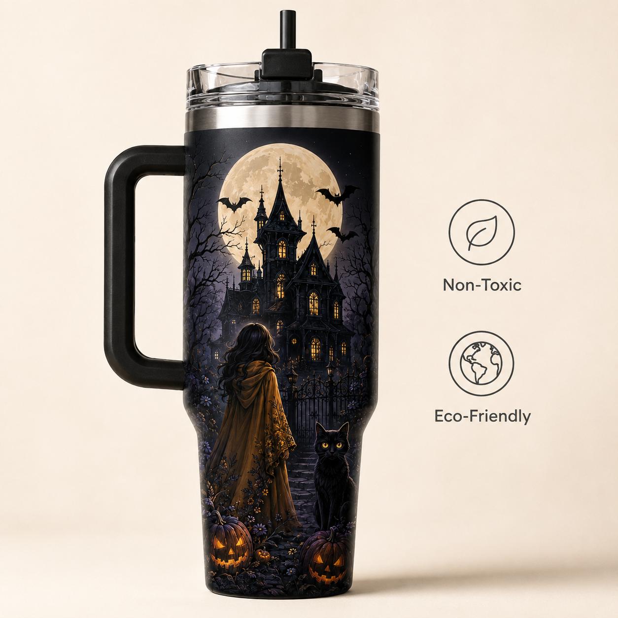 Haunted House Halloween 40oz Stainless Steel Insulated Tumbler with Handle and Straw, Black Cat Pumpkin Moon Bat Printed Travel Cup, Spooky Gift for Women