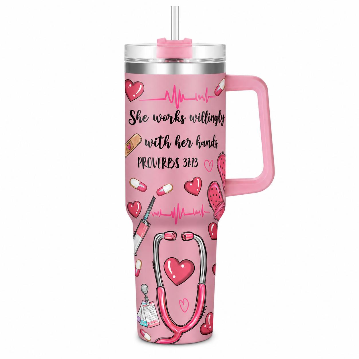 Hospital Shift 40oz Insulated Water Tumbler with Handle and Straw, Proverbs 31:13 Christian Nurse Stainless Steel Travel Cup, Cup Holder Friendly All-Day Hydration Cup for Work and Commute