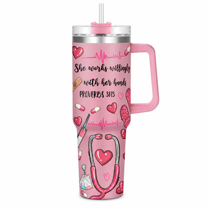 Hospital Shift 40oz Insulated Water Tumbler with Handle and Straw, Proverbs 31:13 Christian Nurse Stainless Steel Travel Cup, Cup Holder Friendly All-Day Hydration Cup for Work and Commute