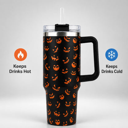 Halloween Pumpkin Face 40oz Stainless Steel Insulated Tumbler with Handle and Straw, Black Orange Jack O Lantern Printed Travel Cup, Spooky Gift