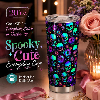 20oz Stainless Steel Insulated Tumbler with Lid - Stylish Halloween Neon Skull Floral Printed Leopard Print Gothic Travel Coffee Mug, Gift for Mom Sister, Flasks