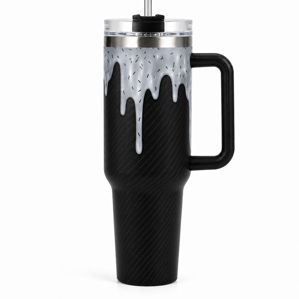 40 oz Aesthetic Insulated Stainless Steel Travel Mug with Handle, Straw, Lid, Reusable 2D Ice Cream Cone Printed Large Capacity Iced Coffee Cup for Women, Summer Gift, Insulation, Mug -A