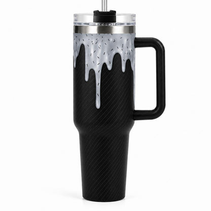 40 oz Aesthetic Insulated Stainless Steel Travel Mug with Handle, Straw, Lid, Reusable 2D Ice Cream Cone Printed Large Capacity Iced Coffee Cup for Women, Summer Gift, Insulation, Mug -A