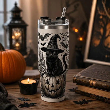 40oz Insulated Witchy Black Cat Stainless Steel Flask with Handle and Straw, Halloween Ghost-Pumpkin Floral Gothic Spooky Travel Coffee Mug, Flasks