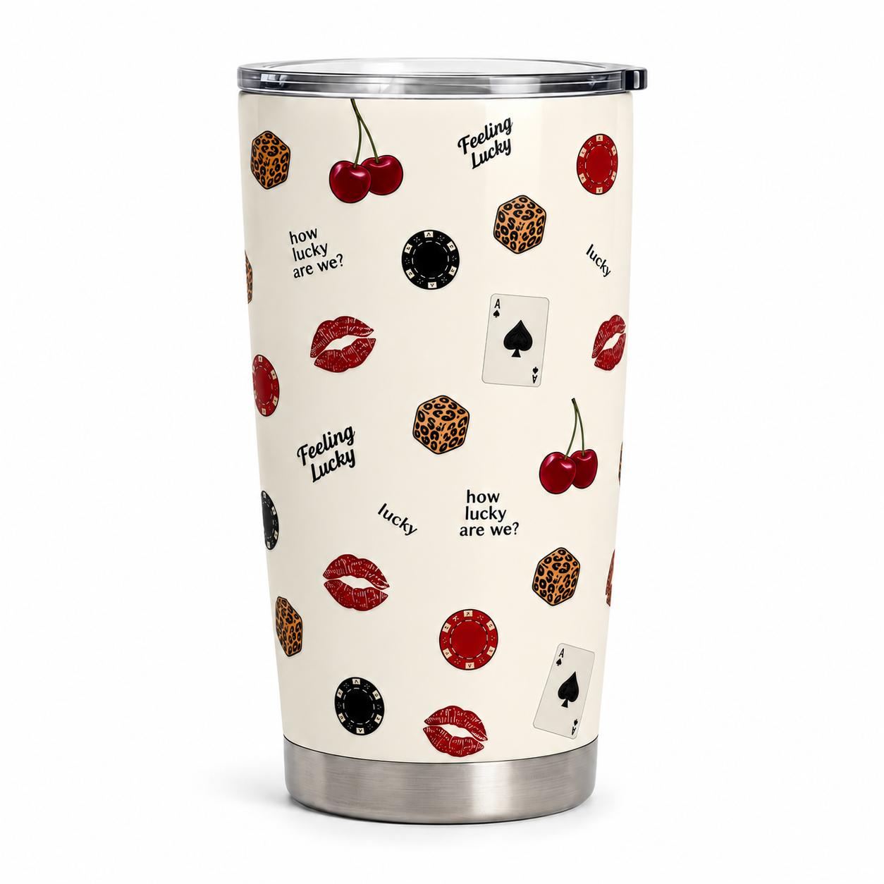 Lucky Girl Casino Insulated Stainless Steel Flask - 40oz/20oz Stylish Coffee Mug with Handle, Straw, Leak-Proof Retro Dice, Playing Card, Red Lips Prints, Trendy Gift for Her, Flasks, Modern