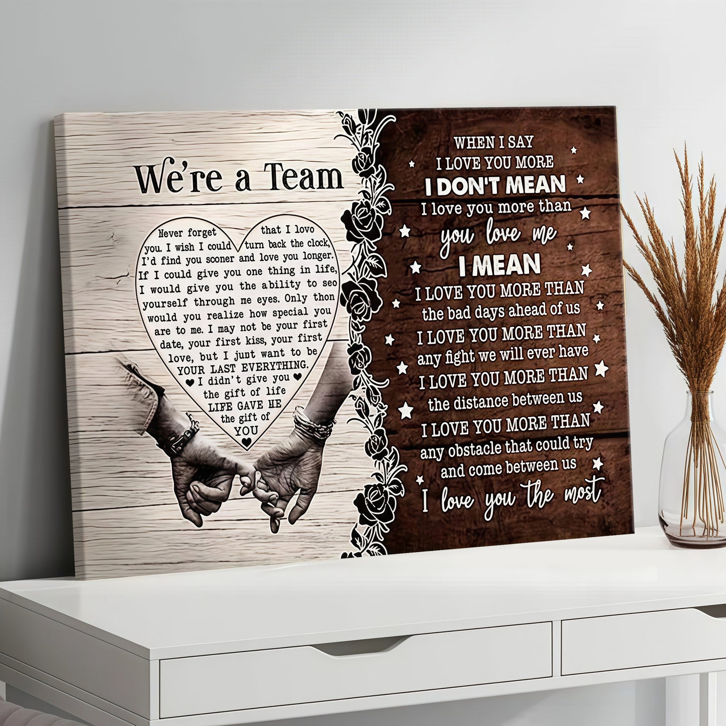 "We're a Team" Romantic Couple Canvas Wall Art - Anniversary Gift for Husband & Wife - Rustic Bedroom Decor (Ready to Hang)