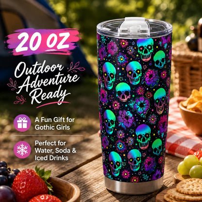 20oz Stainless Steel Insulated Tumbler with Lid - Stylish Halloween Neon Skull Floral Printed Leopard Print Gothic Travel Coffee Mug, Gift for Mom Sister, Flasks
