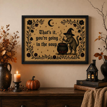 You're Going in the Soup witch cat humor quote canvas wall art, additional product view 6 with typography styling for living