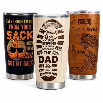 Step Dad Appreciation artwork on 20oz insulated tumbler, front and back product view
