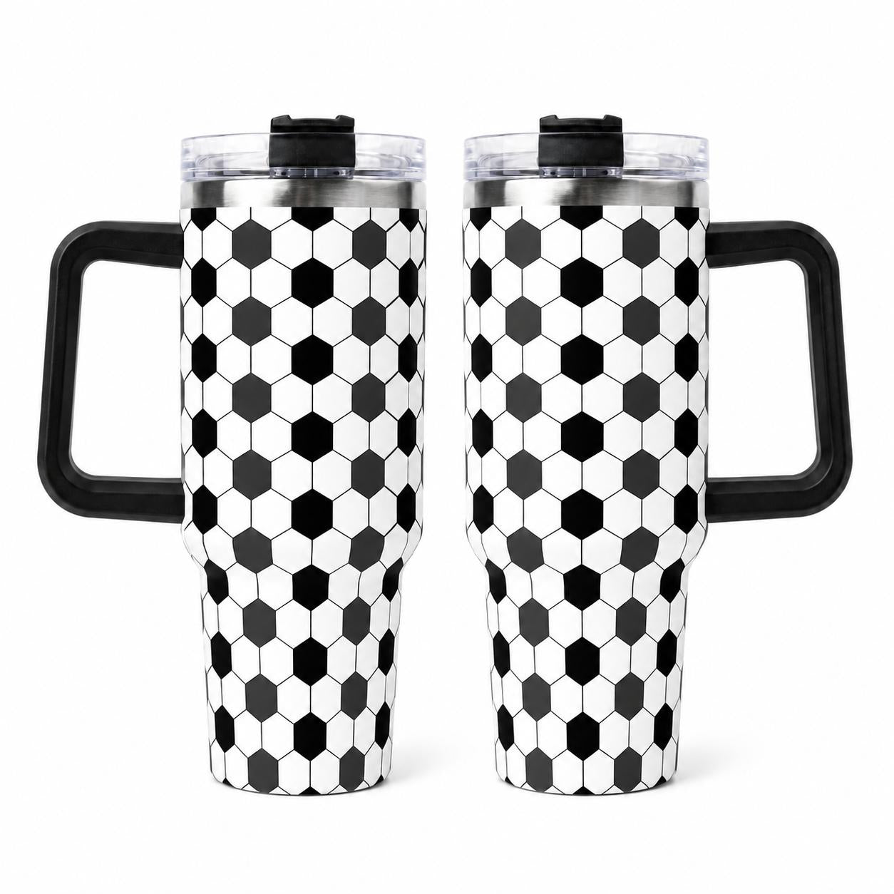 Soccer Practice and Game Day 40oz Insulated Water Tumbler with Handle, Black and White Sports Pattern Stainless Steel Travel Cup, Cup Holder Friendly All-Day Hydration Cup for Sideline