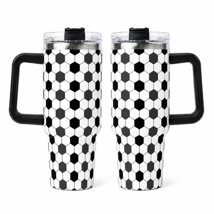 Soccer Practice and Game Day 40oz Insulated Water Tumbler with Handle, Black and White Sports Pattern Stainless Steel Travel Cup, Cup Holder Friendly All-Day Hydration Cup for Sideline