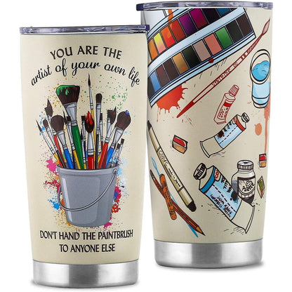 Artist 20oz Stainless Steel Insulated Tumbler with Lid, Paintbrush Palette Art Supplies Printed Travel Coffee Mug, Gift for Women Art Teachers Painters