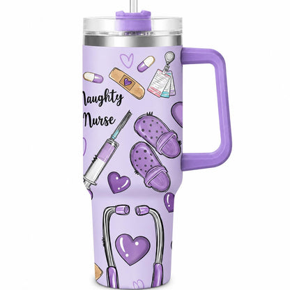 Hospital Shift 40oz Insulated Water Tumbler with Handle and Straw, Proverbs 31:13 Christian Nurse Stainless Steel Travel Cup, Cup Holder Friendly All-Day Hydration Cup for Work and Commute