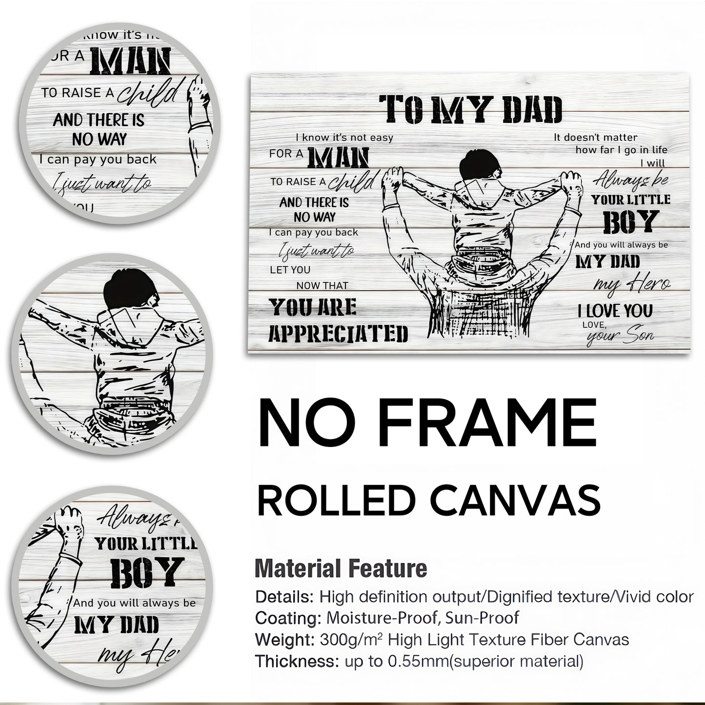 To My Dad From Son - Sentimental Canvas Wall Art with Touching Poem - Vintage Style Gift for Father's Day & Birthday (Ready to Hang)