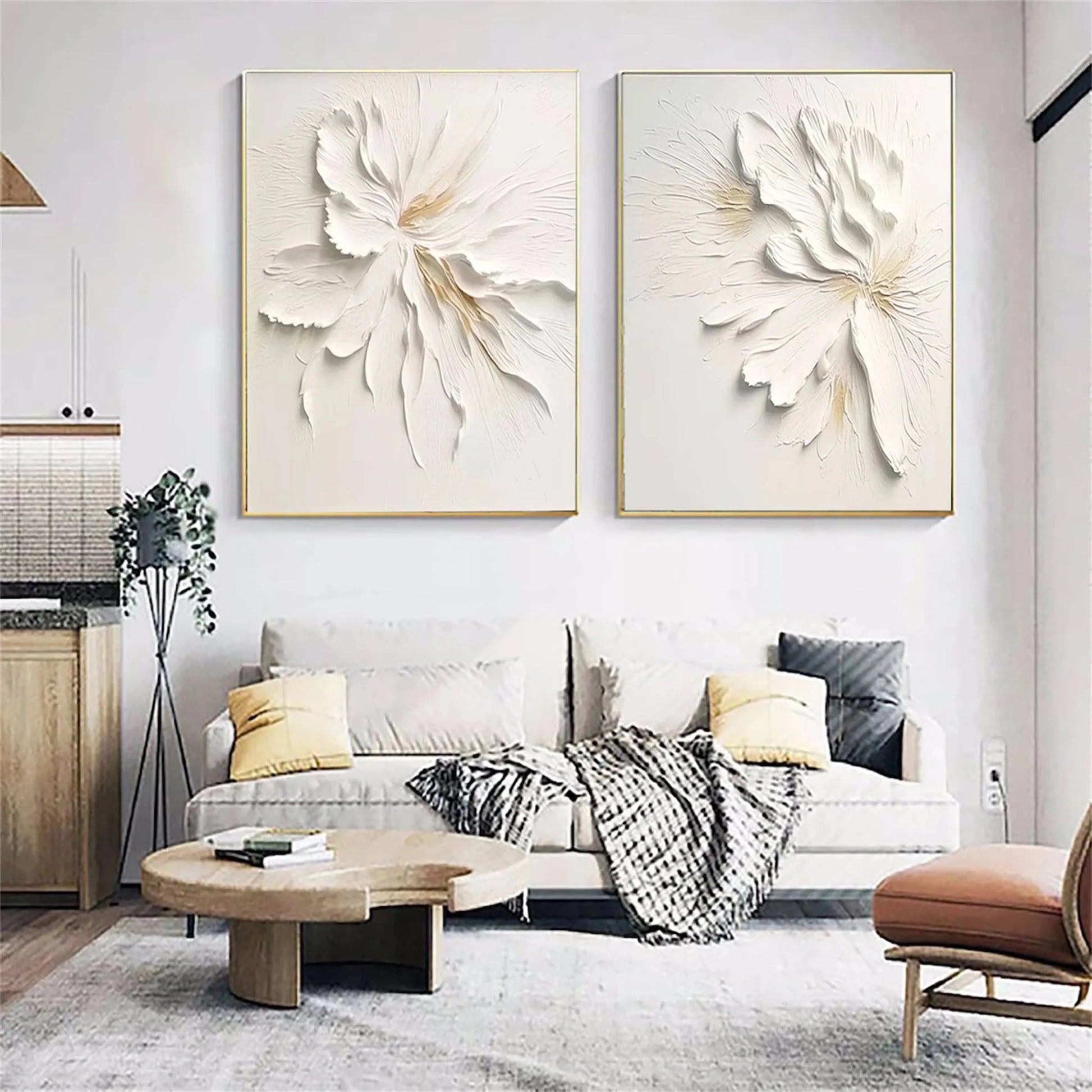 3D Heavy Texture White Floral Diptych CZ0092 - Viral Wall Art