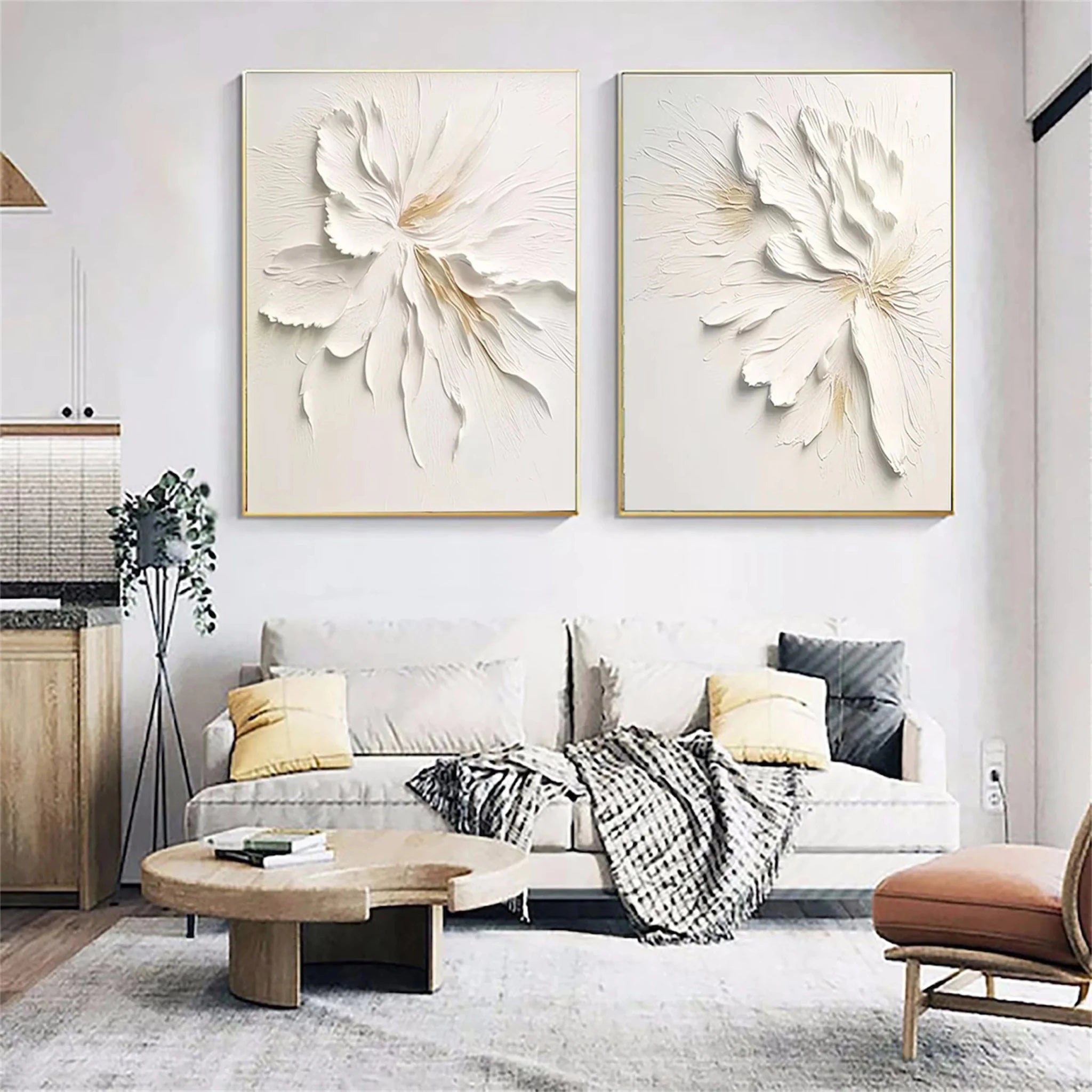 3D Heavy Texture White Floral Diptych CZ0092 - Viral Wall Art