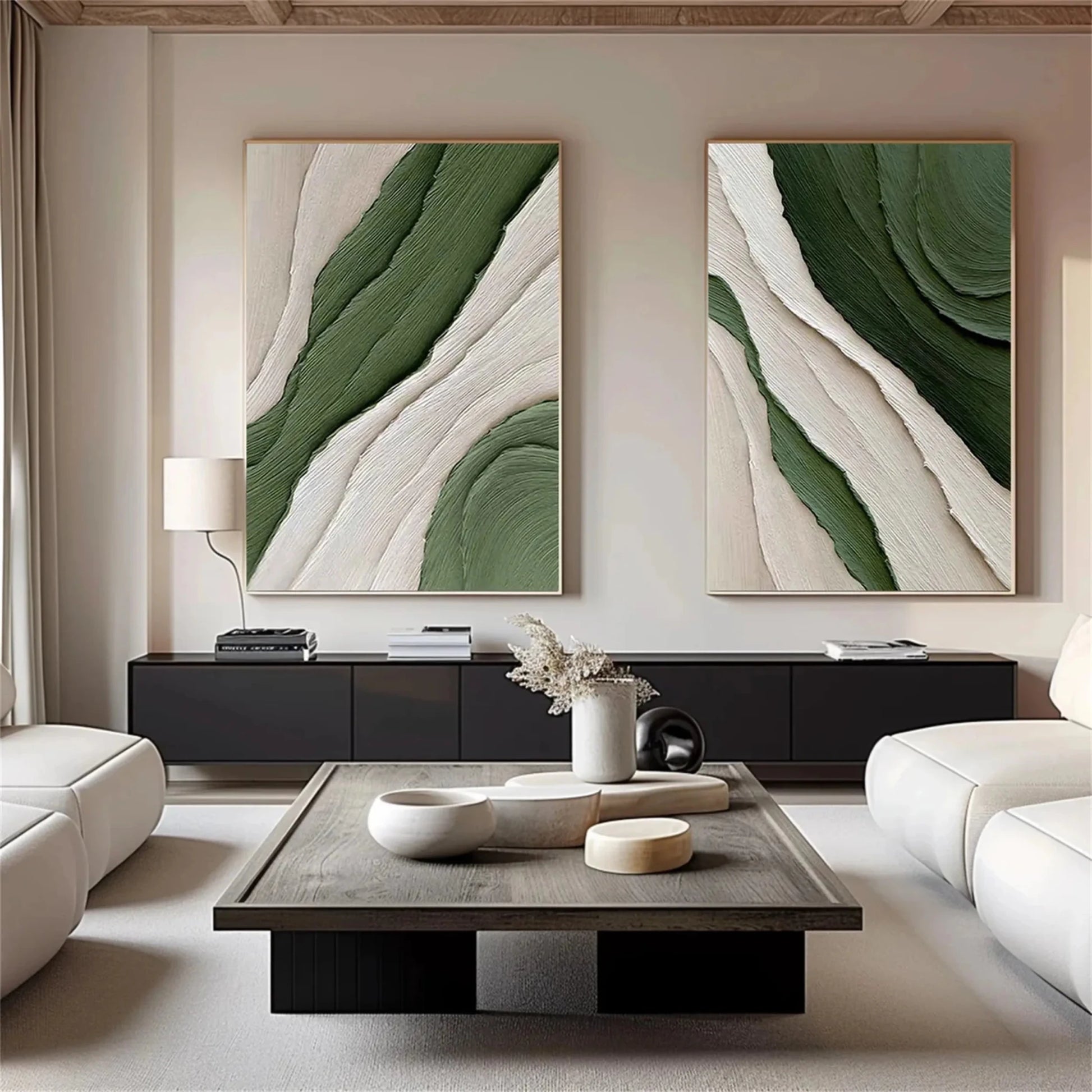 3D Heavy Texture Forest Green Abstract Diptych CZ0094 - Viral Wall Art