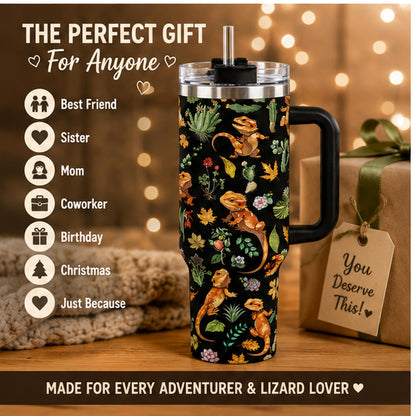 Cute Lizard 40oz Stainless Steel Insulated Tumbler with Handle and Straw, Funny Animal Plant Cactus Printed Travel Cup, Gift for Pet Lovers