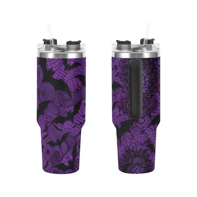 40oz Double-Wall Stainless Steel Insulated Reusable Flask - Aesthetic Dark Purple Lace Bat Gothic Halloween 2D Print Travel Coffee Cup with Handle, Straw, Lid, Women's Gift
