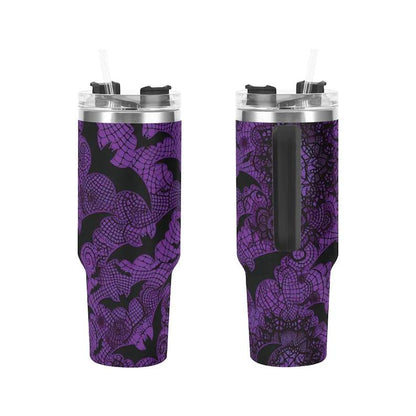 40oz Double-Wall Stainless Steel Insulated Reusable Flask - Aesthetic Dark Purple Lace Bat Gothic Halloween 2D Print Travel Coffee Cup with Handle, Straw, Lid, Women's Gift