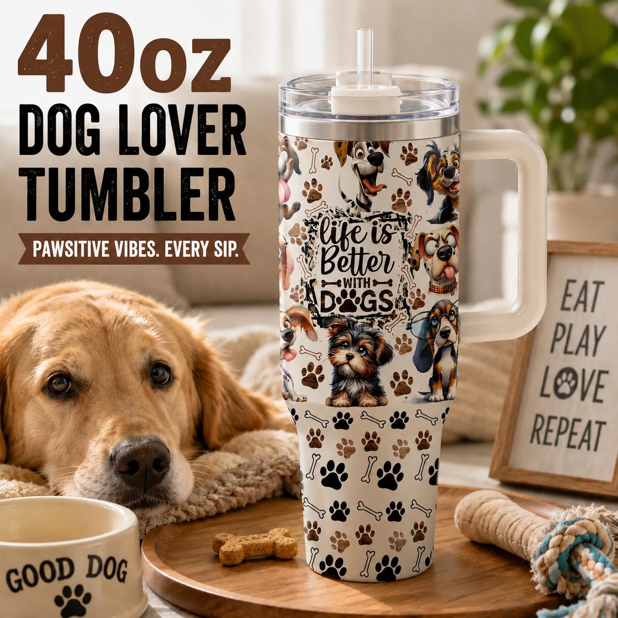 Dog Lover 40oz Stainless Steel Insulated Tumbler with Handle and Straw, Life Is Better with Dogs Paw Print Printed Travel Cup, Gift for Dog Moms