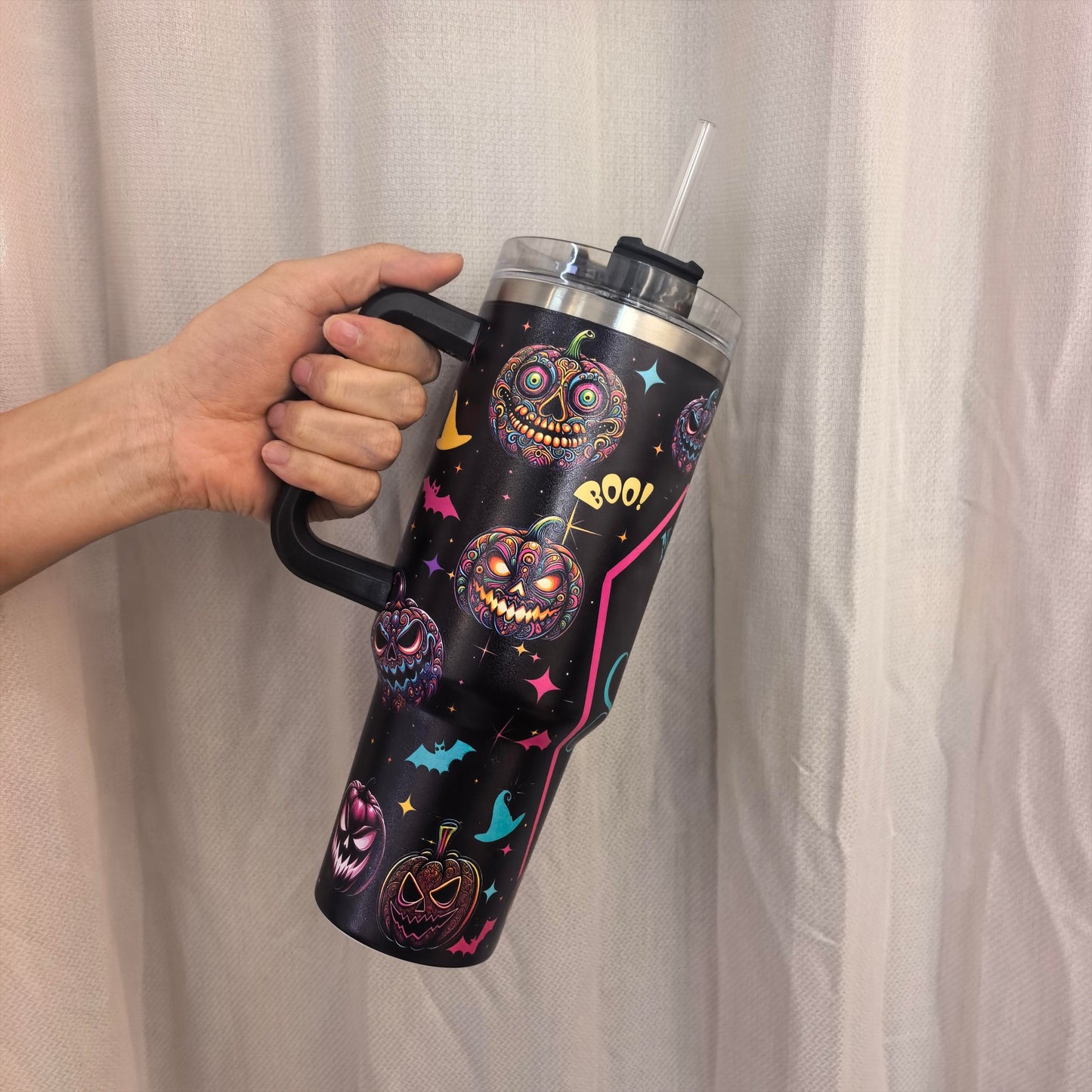 40oz Stainless Steel Insulated Halloween Pumpkin Tumbler with Handle, Straw, Lid, Aesthetic Spooky Bat Witch Hat Prints - Coffee Flask with Strong Insulation, Halloween Gift for Women