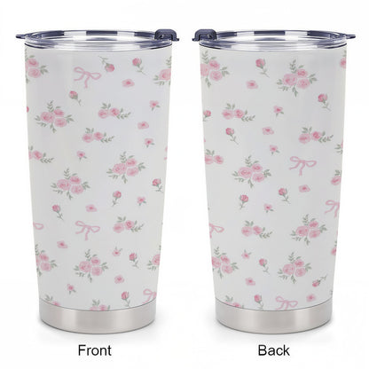 20oz Insulated Stainless Steel Coquette Aesthetic Flask - Portable Travel Mug with Lid, Pink Bows-Roses Pattern, Soft Girl Balletcore Style, Ribbon Design, Coffee-Tea Cup, Viral TikTok Gift for Teen Girls, Flasks