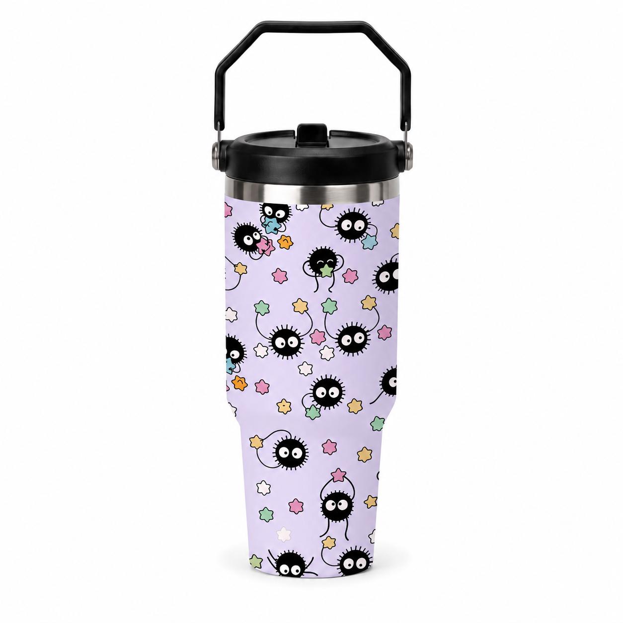 Cute Japanese Cartoon Sprite 30oz Stainless Steel Travel Cup with Handle and Straw, Kawaii Star Candy Pattern Coffee Tumbler for Office, School and Road Trips, Cup Holder Friendly Daily Water Drinkware for Car