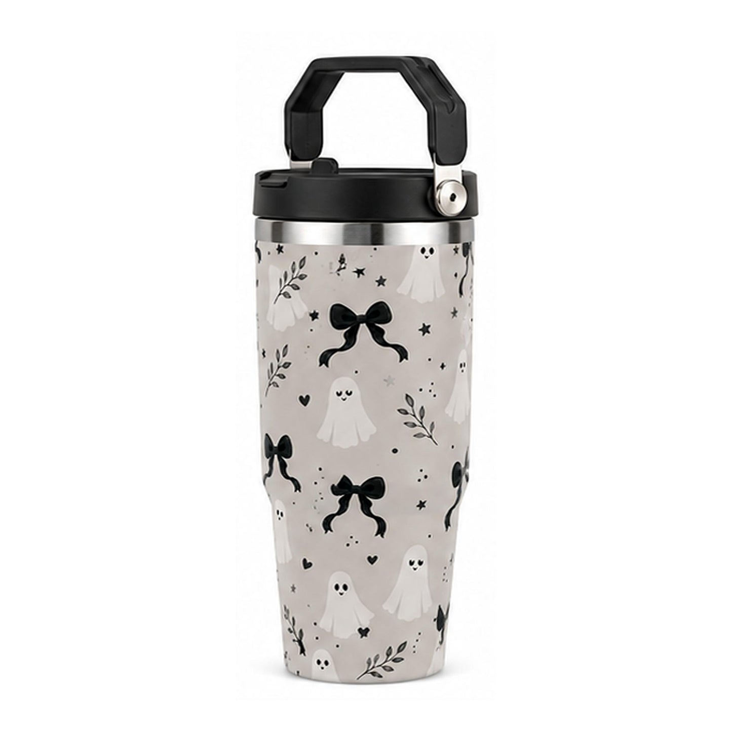 Women's 30oz Cylindrical Halloween Stainless Steel Insulated Flask - Handle, Lid, Straw, Cute Ghost & Black Bow Print, Single Unit Travel Insulated Mug, Fall Spooky Season Gift, Flasks, Cylindrical Tumbler