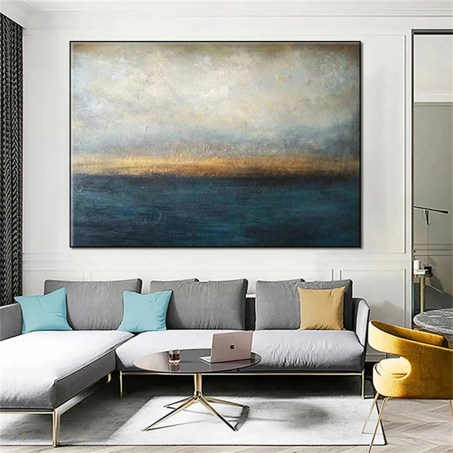 Deep Blue & Gold Impressionist Abstract Painting CY0071 - Viral Wall Art