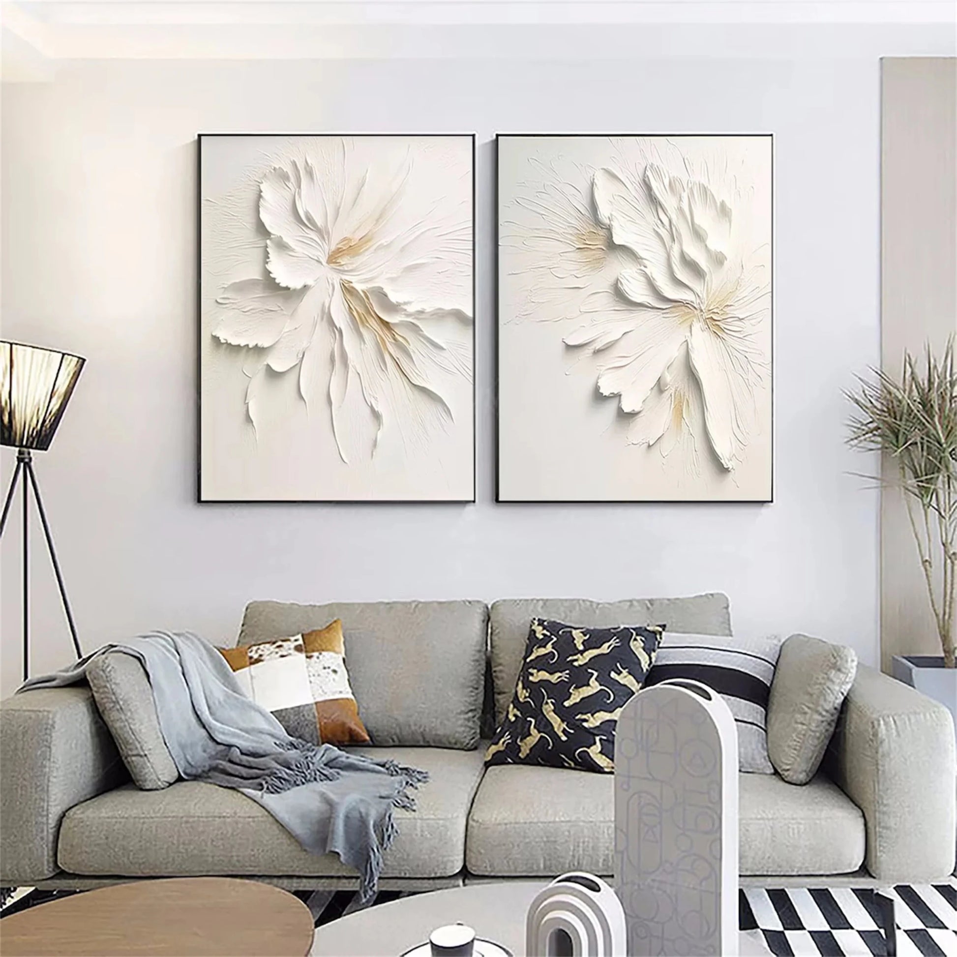 3D Heavy Texture White Floral Diptych CZ0092 - Viral Wall Art