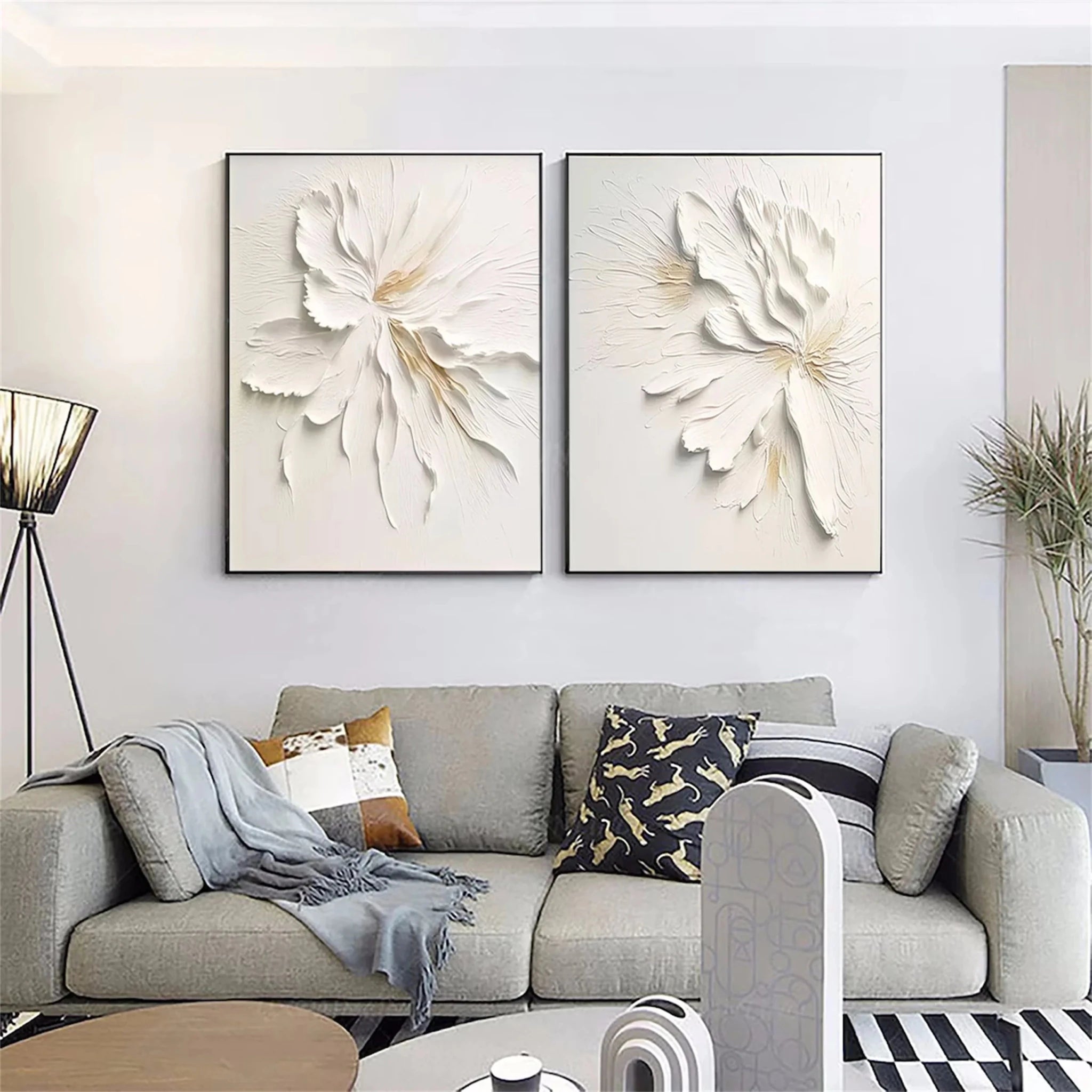 3D Heavy Texture White Floral Diptych CZ0092 - Viral Wall Art