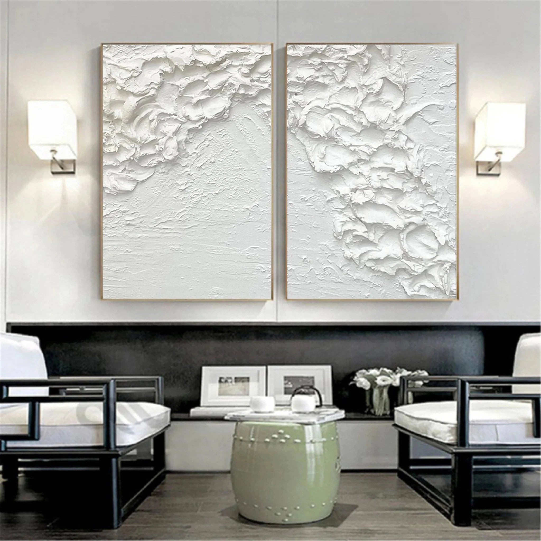 3D Ultra - Heavy Texture White Abstract Diptych CZ0091 - Viral Wall Art