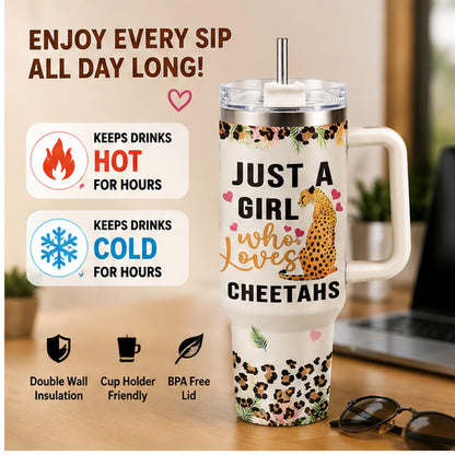 Cheetah Lover 40oz Stainless Steel Insulated Tumbler with Handle and Straw, Leopard Print Heart Tropical Leaf Printed Travel Cup, Gift for Women