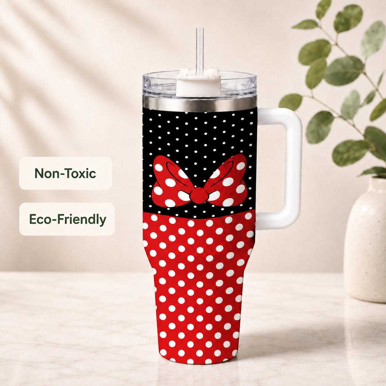 1 Pc 40oz polka dot insulated tumbler with handle and lid, red bow stainless steel vacuum cup, cute cartoon aesthetic thermal travel mug for iced coffee and water, keeps hot 12h cold 24h, trendy gift for women girls daily office use, Insulated Drinkware