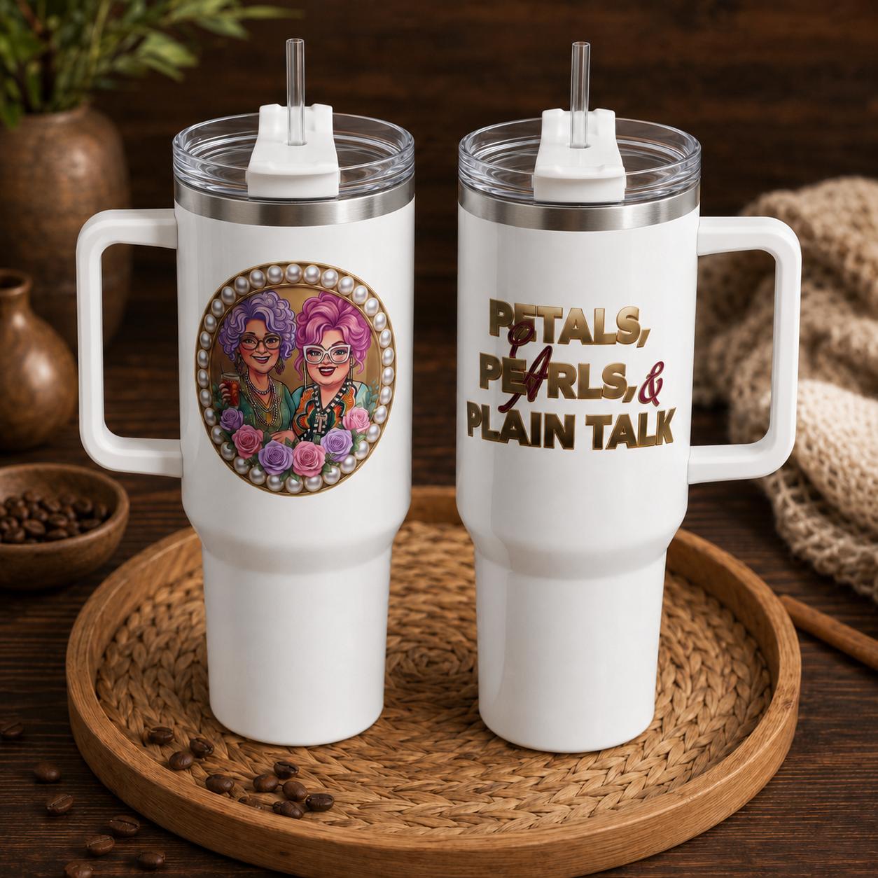 Women's 40 oz Aesthetic Reusable Stainless Steel Vacuum Flask Tumbler with Handle, Straw, Lid, Petals-Pearls-Plain Talk Print, Coffee Insulation, Friendship Gift, Flasks