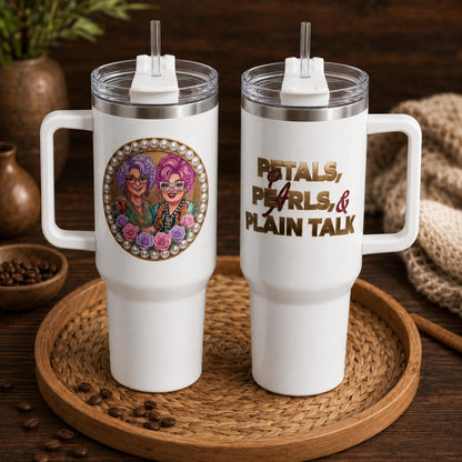 Women's 40 oz Aesthetic Reusable Stainless Steel Vacuum Flask Tumbler with Handle, Straw, Lid, Petals-Pearls-Plain Talk Print, Coffee Insulation, Friendship Gift, Flasks
