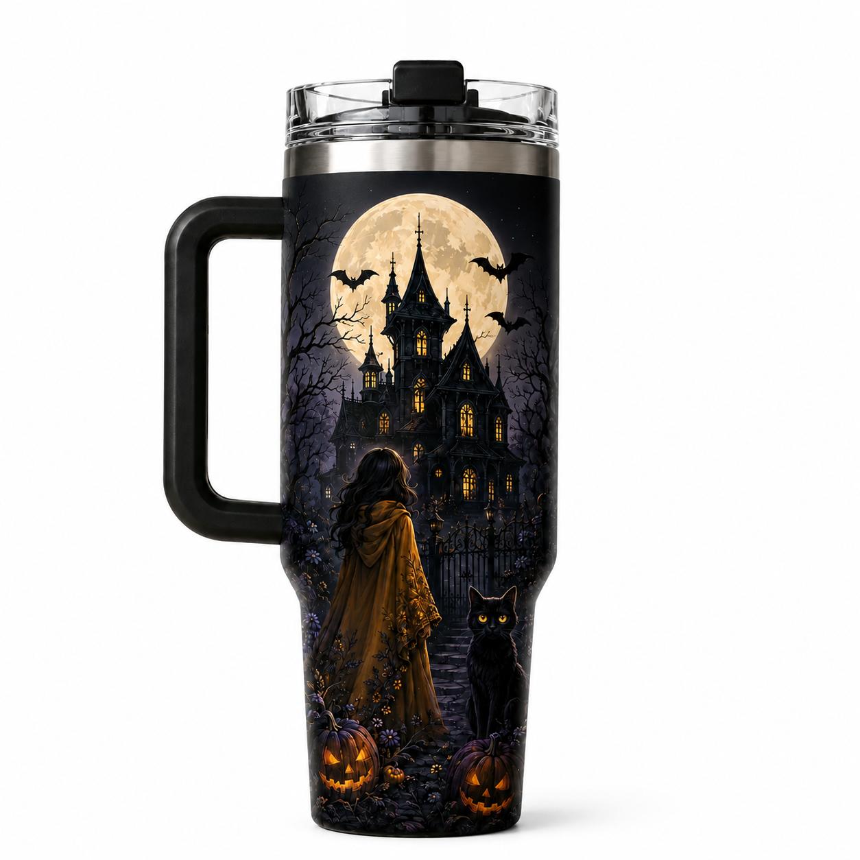 Haunted House Halloween 40oz Stainless Steel Insulated Tumbler with Handle and Straw, Black Cat Pumpkin Moon Bat Printed Travel Cup, Spooky Gift for Women