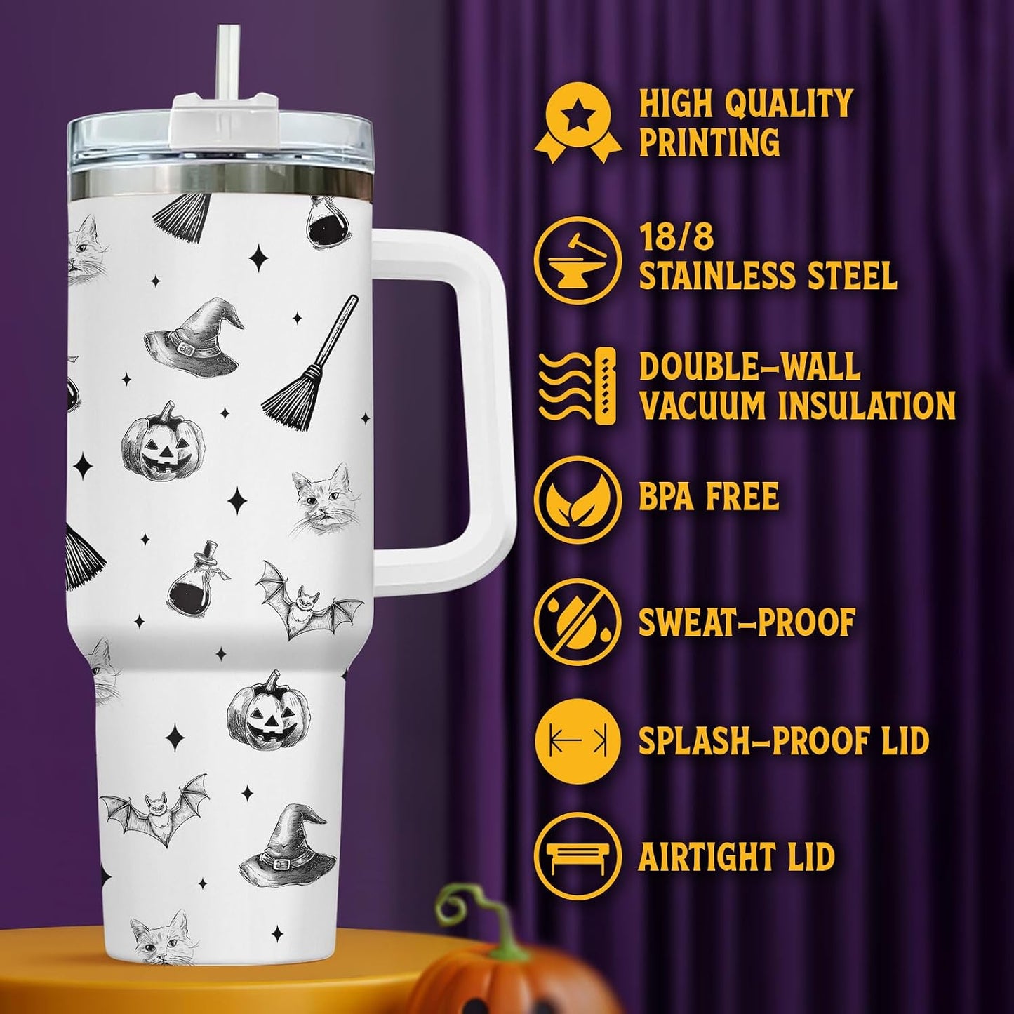 Witches Brew Coffee 40oz Stainless Steel Insulated Tumbler with Handle and Straw, Vintage Cauldron Potion Broom Pumpkin Bat Printed Travel Cup, Halloween Gift